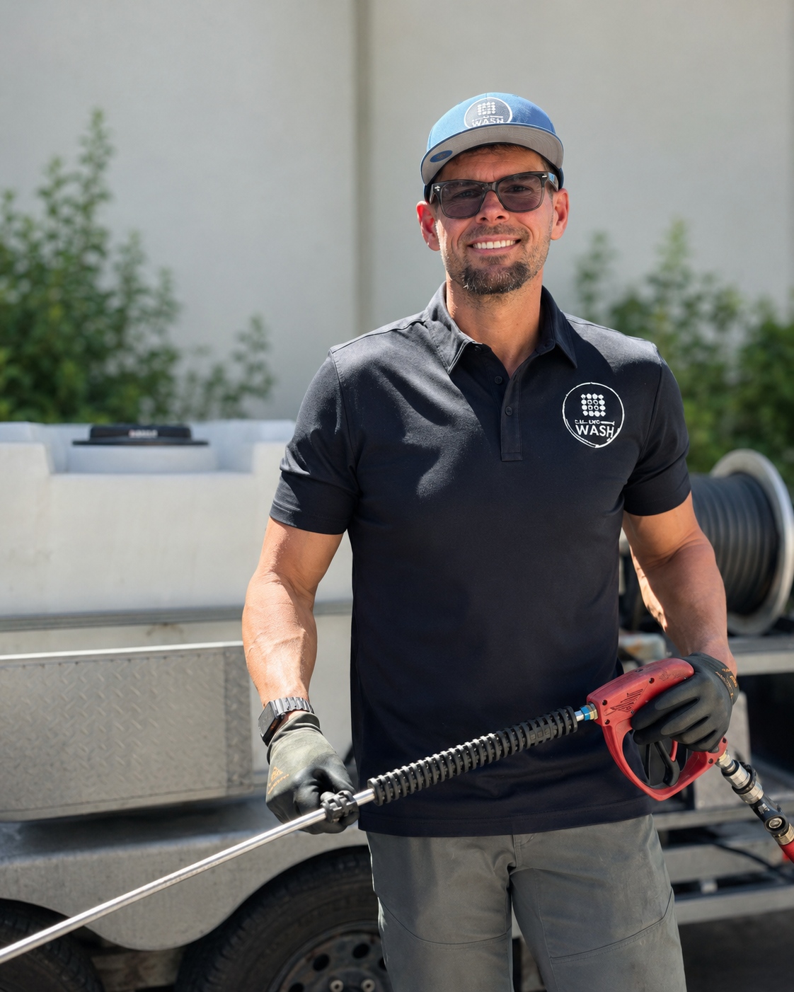 Drew Brewer, owner of LVC Pressure Wash, holding a pressure washing wand in front of his equipment trailer
