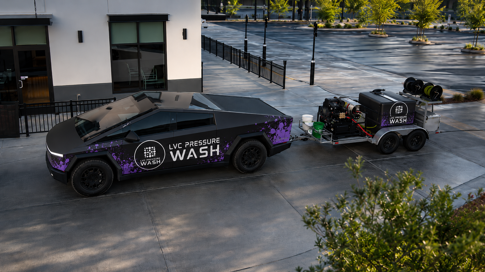 LVC Pressure Wash Cybertruck and professional pressure-washing trailer rig